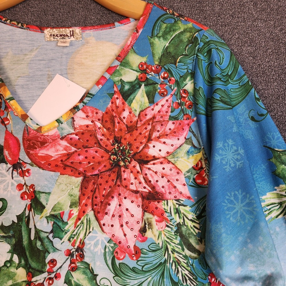 One World Womens 1X Christmas Poinsettia Ornament Print‎ V Neck Tunic Top - Picture 2 of 8